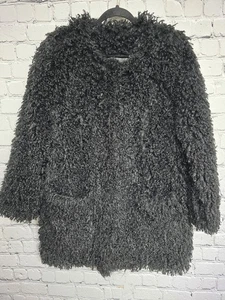 SMYTHE Faux Fur Shaggy Teddy Coat Size PM Black Boho Chic Patch Pockets Oversize - Picture 1 of 9