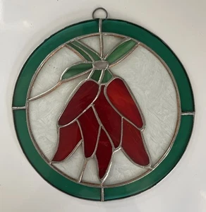 Stained Glass Art Red Chili Peppers Window Round Suncatcher Ready to Hang . 7”D - Picture 1 of 3