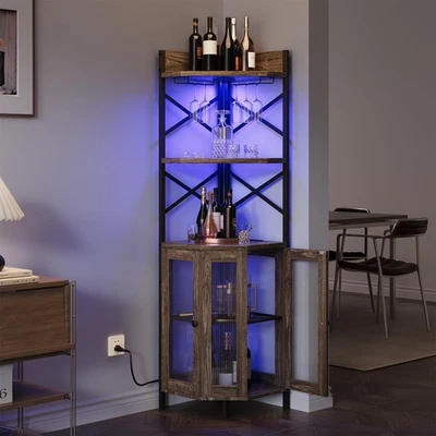 Gabinete de barra de esquina con toma de corriente, gabinete de vino de esquina de 5 niveles con cadena LED... Foto 1 de 4