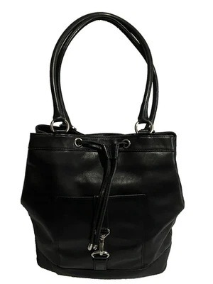 TALBOTS  Black Leather Bucket Purse Handbag Pocketbook Drawstring Silver Accents - Image 1 of 4