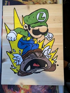 Retro Video Game Fan Art Wood Art - Super Mario Luigi Stomping On A Goomba From - Picture 1 of 1