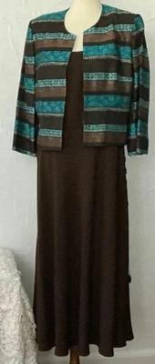 Conjunto de 3 piezas de vestido y chaqueta Positive Attitude marrón terroso TAPIZ AZUL talla 16 EE. UU. Foto 1 de 4