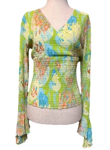 Alberto Makali Floral Top Sz L Ruffle Pleated Crinkle Artsy Sequin Embroidered - Picture 1 of 9