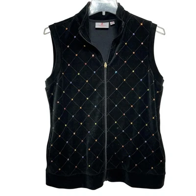 Quacker Factory Vest Womens Medium Zip Up Rhinestone Pockets Sleeveless Top - Image 1 of 4