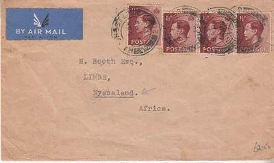 Cubierta de correo aéreo EDVIII: Manchester vía Blantyre to Limbe, 1-11 de marzo de 1937 Foto 1 de 2