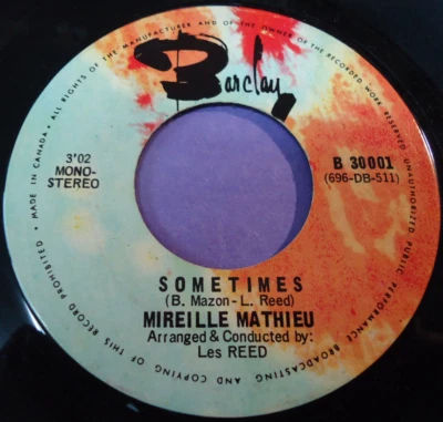 MIREILLE MATHIEU ~ A veces / dulces recuerdos de Stefa ~ disco de 45 rpm en Canadá Foto 1 de 2