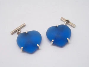Gemelli in ARGENTO 925 con CUORE in Quarzo sintetico blu -  pietra dura - - Picture 1 of 2