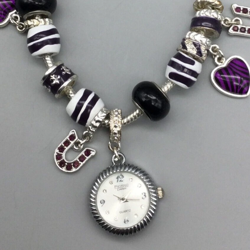 Reloj Figaro Couture Mujer 22mm Tono Plateado Púrpura Diapositiva Dije Banda Batería Nueva Foto 1 de 4