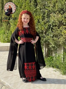 Embroidered Girl KaftanThobe  Balck & white Tatreez Head Band Embroidery Chiffon - Picture 1 of 6