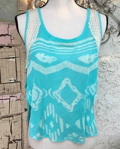Vintage Havana Split Side Tank Top Crochet Swim Cover Blue Green Tiki Print Med - Picture 1 of 8