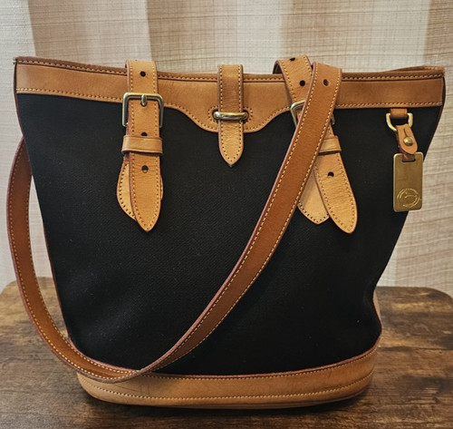 Borsa a tracolla vintage Dooney & Bourke nera tela bordo pelle secchiello USA