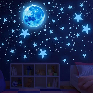 Blue Glow Stars and Moon Set Ceiling Stickers for Bedroom or Playroom Decor - Picture 1 of 4