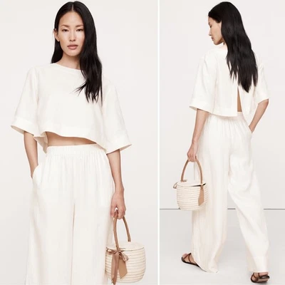 Nuevo con etiquetas Top Cortado Banana Republic Lino Cuello Barco XL Flor Magnolia Marfil Relajado Foto 1 de 4