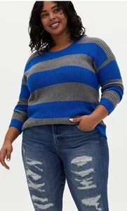 Torrid Knit Drop Shoulder Blue Gray Striped Pullover Pointelle Sweater Size 1X - Picture 1 of 6