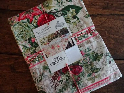 APRIL CORNELL MERRY ANTIQUE Christmas FLORAL Ivory Red Green COTTON TABLECLOTH