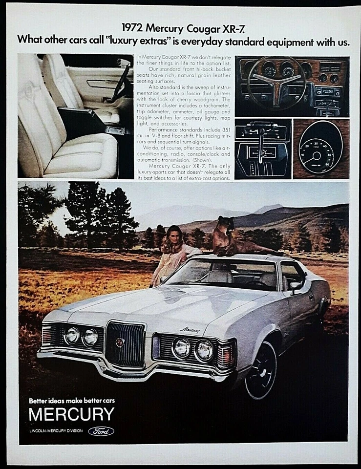  Mercury Cougar XR-7 car ad vintage 1972 original print advertisement  - Image 1 of 2