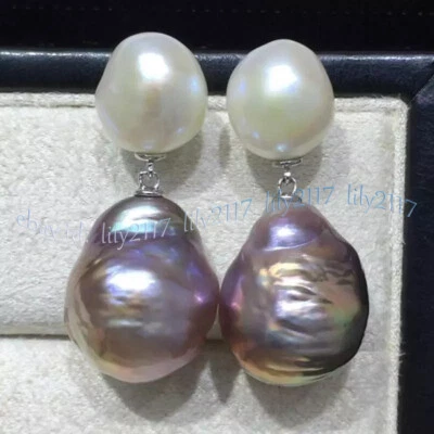 Natural Freshwater White Pearl Purple Baroque Pearl Dangle Silver Stud Earrings - Image 1 of 4