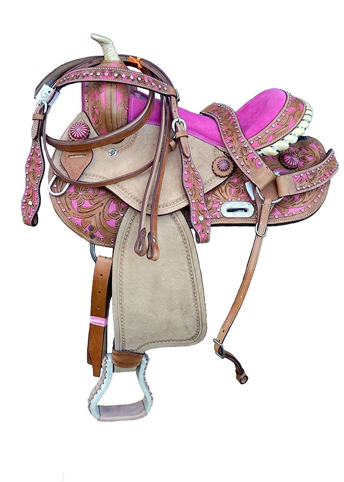 Sillín Western Horse de cuero premium para niños jóvenes rosa floral tooled 10" 12" 13" Foto 1 de 1