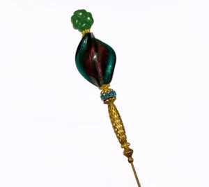 8" HATPIN with Vintage Murano GREEN TWIST Glass & Rhinestones set in Gold Brass - Picture 1 of 13