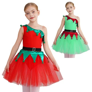 Girls Christmas Ballet Tutu Dance Dress One Shoulder Xmas Ballerina Dancewear - Picture 1 of 27