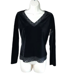 Villager Classy Velveteen Blouse Top ~ Sz S ~ Black ~ Stretchy ~ Long Sleeve - Picture 1 of 4