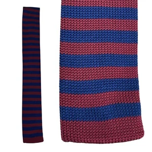 VINTAGE Maroon Blue Striped Knitted Tie Mod Woven Square End Red Necktie - Picture 1 of 4
