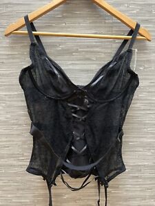 ADORE ME Black Bustier Andra Unlined Lace 38B LARGE With Suspenders Garters NWT