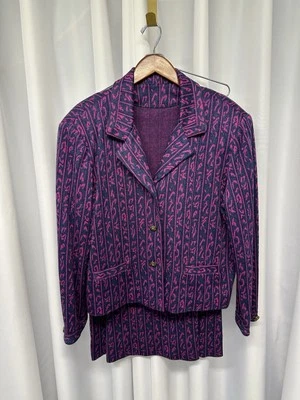 Traje Kensington Vintage Para Mujer Rosa Azul Marino Negro Estampado Lana Talla 18 Usado en Excelente Condición Falda Foto 1 de 4