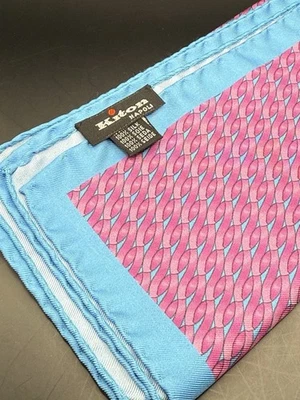 Kiton Napoli Silk Pocket Square 15x15 Pink Blue Geometric Hand Rolled Made Italy - Image 1 of 4