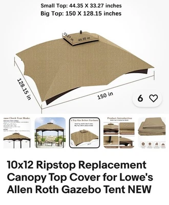 10x12 Ripstop Replacement Canopy Top Cover for Lowe's Allen Roth Gazebo  - Image 1 of 3