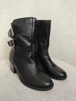 Fergalicious Women Boots 9M Black PU Leather Zip Up Chained Ankl Block Heel Shoe - Image 1 of 4