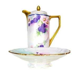 Caffettiera e piatto porcellana primi '900-1920 Slesia Germania Lusterware - Foto 1 di 15