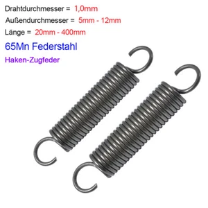 Zugfeder mit Haken,Zugfedern Feder 65Mn Federstahl,d=1,0 mm,Ø 5-12 mm,L=20-400mm - Picture 1 of 5
