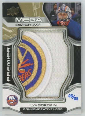 2022-23 UPPER DECK PREMIER Ilya Sorokin MEGA PATCH COMMEMORATIVE LOGO 03/03 - Image 1 of 2