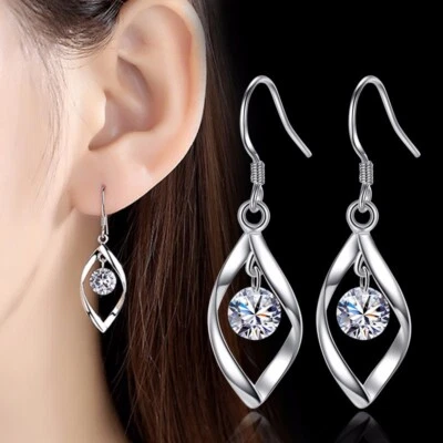 925 Sterling Silver Twist CZ Drop/Dangle Hook Earrings Women Girl Jewellery Gift - Image 1 of 4