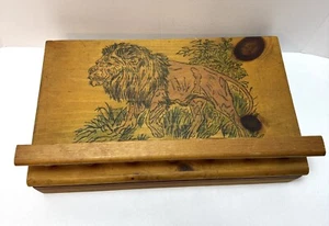 Vtg Lion Zebra Wooden Travel Writing Lap Desk Hand Made/ Painted Signed Folk Art - Picture 1 of 11