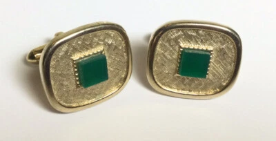 BONITO PAR DE GEMELOS VINTAGE DE VIDRIO COLOR JADE VERDE Y DORADO Foto 1 de 4