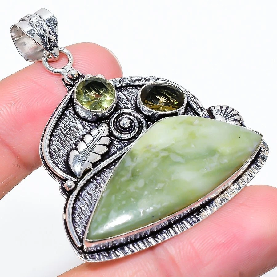 Natural Green Prehnite Gemstone 925 Sterling Silver Jewelry Pendant Sz 2.20" - Image 1 of 1