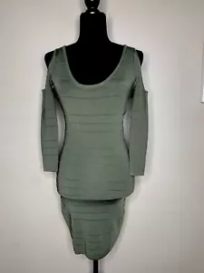 BEBE Green Stretchy Ribbed Cold Shoulder Sleeve Bodycon Dress Low Open Back Sz S - Picture 1 of 10