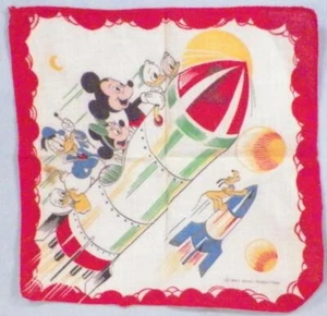 Walt Disney Productions Child's Hankie Mickey Minnie Donald Duck Rocket Ships - Picture 1 of 4