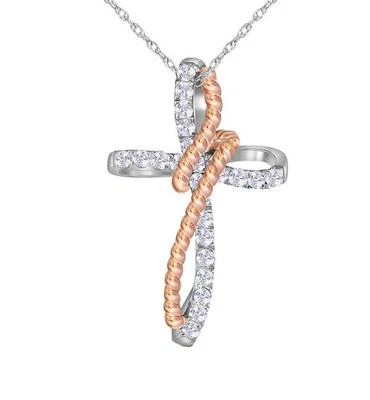 Diamond Cross Pendant 10K White & Rose Gold Cross Rope Detail Religious .20ct - Image 1 of 3