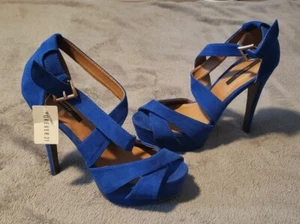 Forever 21 Women's Blue Polyester Ankle Strap Platform Heels Size 7.5  - Picture 1 of 8