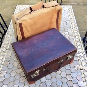 Genuine Antique Vintage Travel Suitcase,Tan Leather Bag,Clasp,ART DECO,Military?