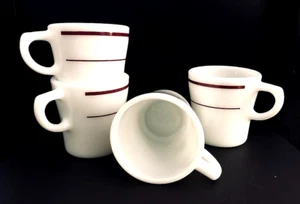 VINTAGE SET OF 4—PYREX WHITE MILK GLASS MUGS—W/BURGUNDY STRIPES—1960s EXCELLENT - Picture 1 of 5