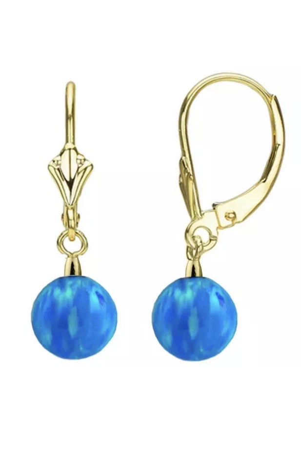 Pendientes redondos de oro amarillo macizo de 14K con respaldo de palanca de ópalo azul claro para mujer de 8 mm Foto 1 de 1
