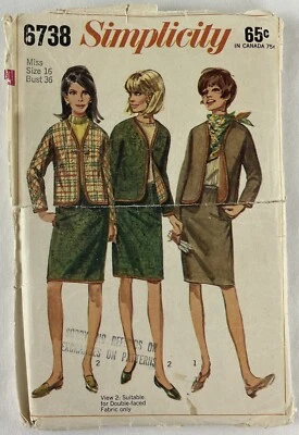 Simplicity 6738 Reversible Jacket, Skirt Sz 16 Cut Complete Sew Pattern VTG 60s - Image 1 of 4