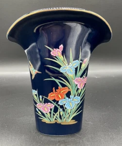 Japanese Yamaji Vase Blue Flower Gold Wide Lip Floral Design 7" Modern - Picture 1 of 9
