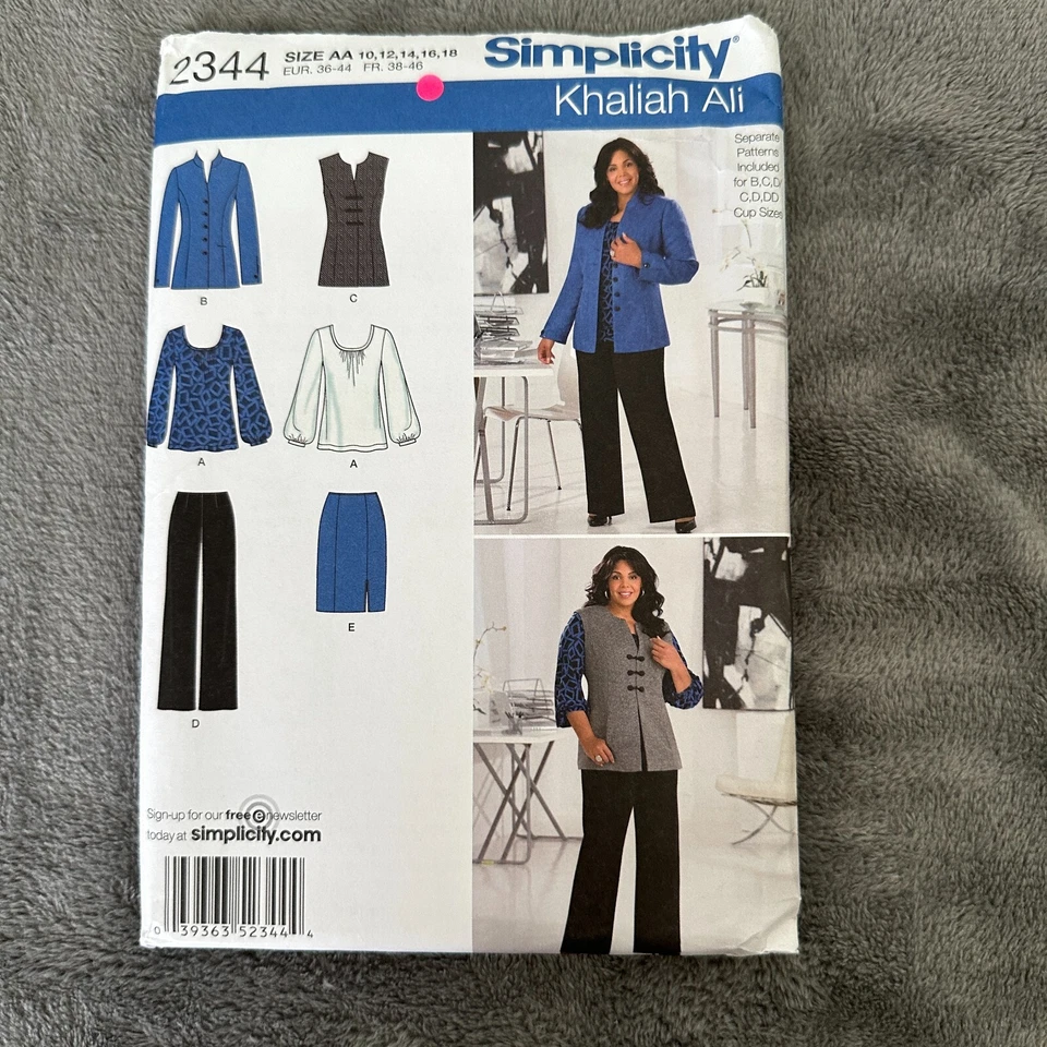 Simplicity 2344 Khaliah Ali Pattern 10-18 Jacket Pants Skirt Vest Top Uncut - Image 1 of 4