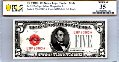 $5 1928-B Legal Tender Red Seal "MULE" PCGS 35 CVF Fr. 1527m - Image 1 of 3