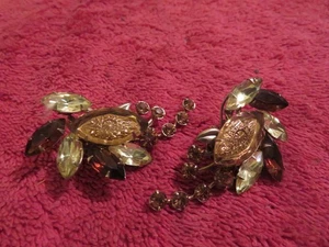 Judy Lee VTG Rhinestone Clip On Earrings Yellow Orange Amber Fillagree - Picture 1 of 4